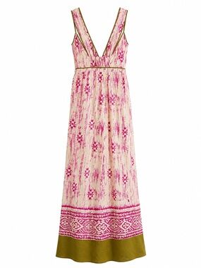 Ann Taylor Cream and Pink Printed V-Neck Maxi Dress with Olive Trim